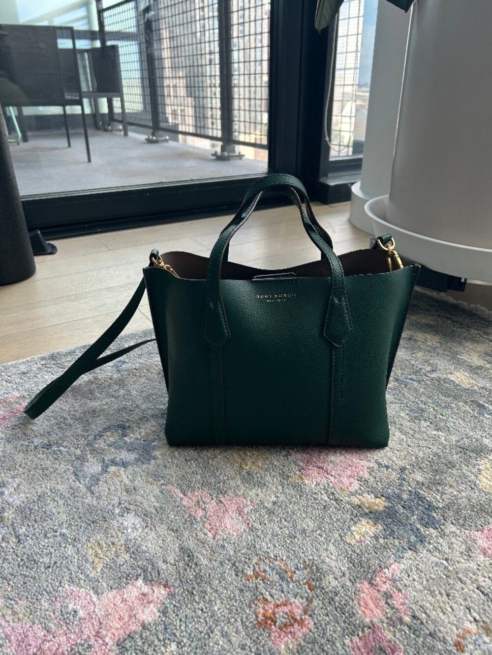 Tory Burch Perry Triple Compartment Small Green Leather Tote